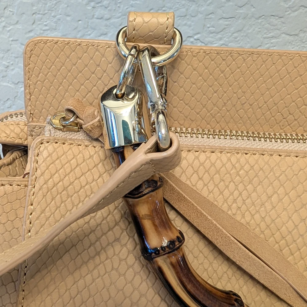 Elaine Turner Tan Snakeskin Embossed Leather Bamboo Handle Satchel Crossbody Bag